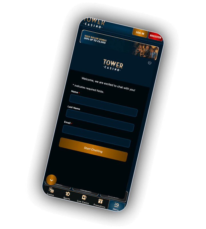 Centrum podpory Tower Casino s formulářem před chatem, který chce jméno, příjmení a e-mail před tlačítkem pro zahájení chatu