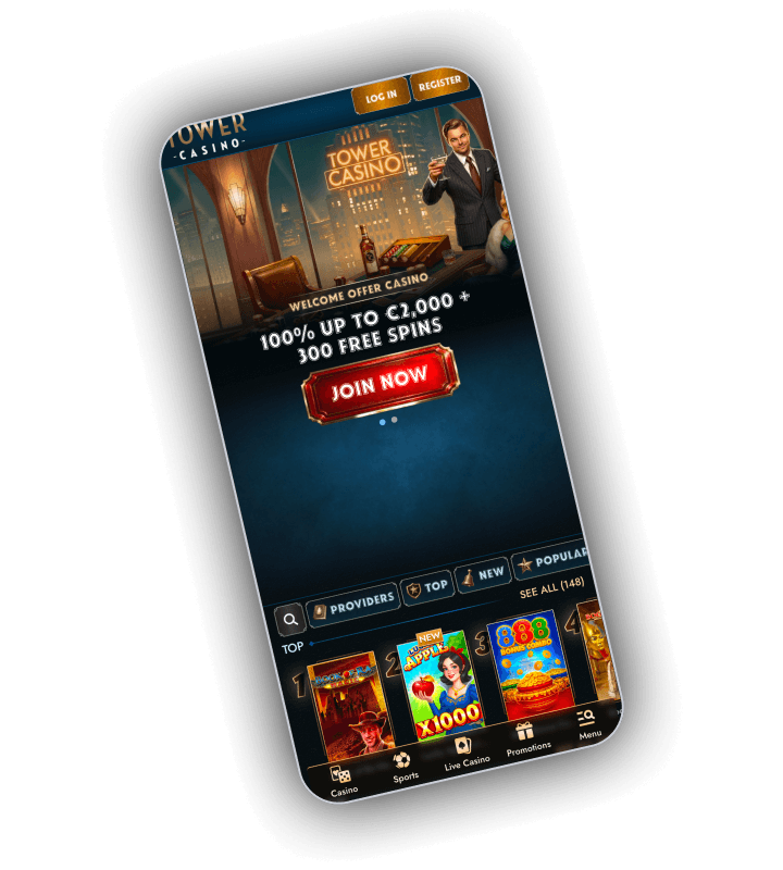 Mobilní lobby Tower Casino se zlatým logem, červeným tlačítkem registrace a spodní lištou Casino, Sports, Live Casino, Promotions a Menu