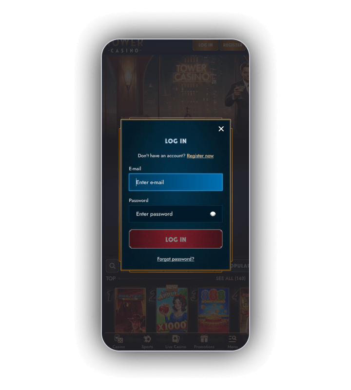 Přihlašovací panel Tower Casino s poli pro e-mail a heslo, tlačítkem log in a odkazem pro obnovu hesla