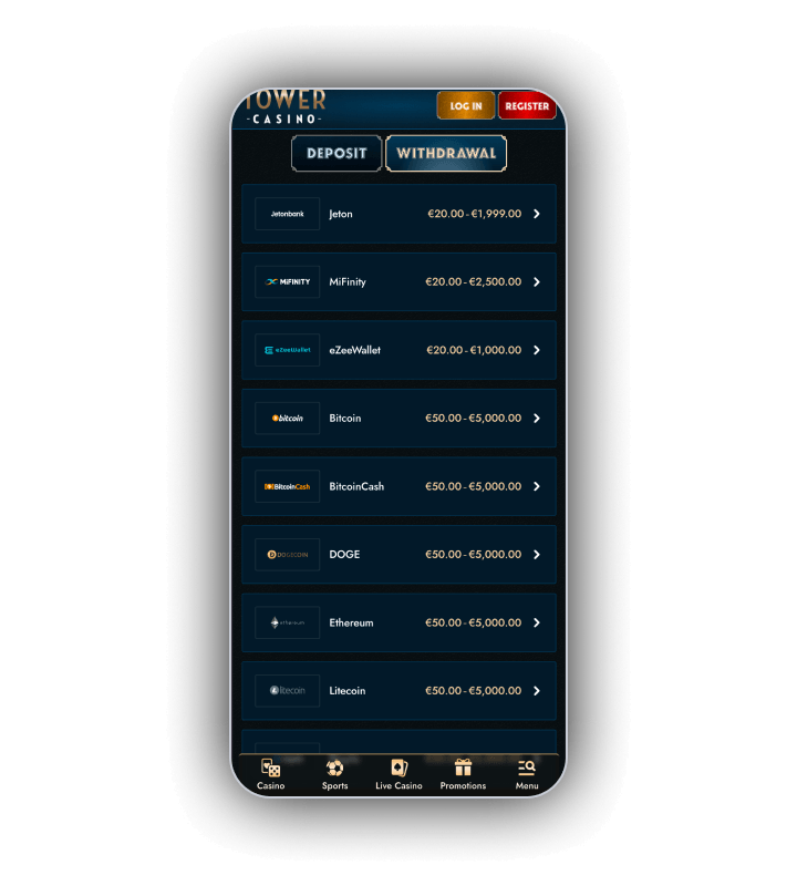Kasa Tower Casino na kartě výběrů s metodami Jeton, MiFinity, eZeeWallet, Bitcoin, BitcoinCash, DOGE, Ethereum a Litecoin a limity vedle každé z nich