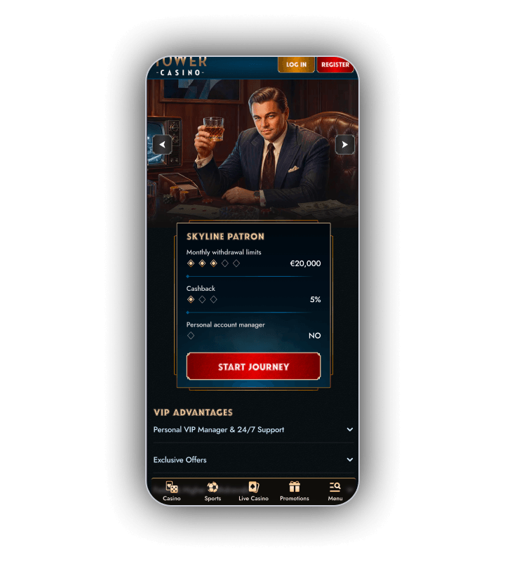VIP obrazovka Tower Casino s úrovní Skyline Patron, měsíčním limitem výběru 484 800 Kč, cashbackem 5 procent a bez osobního manažera